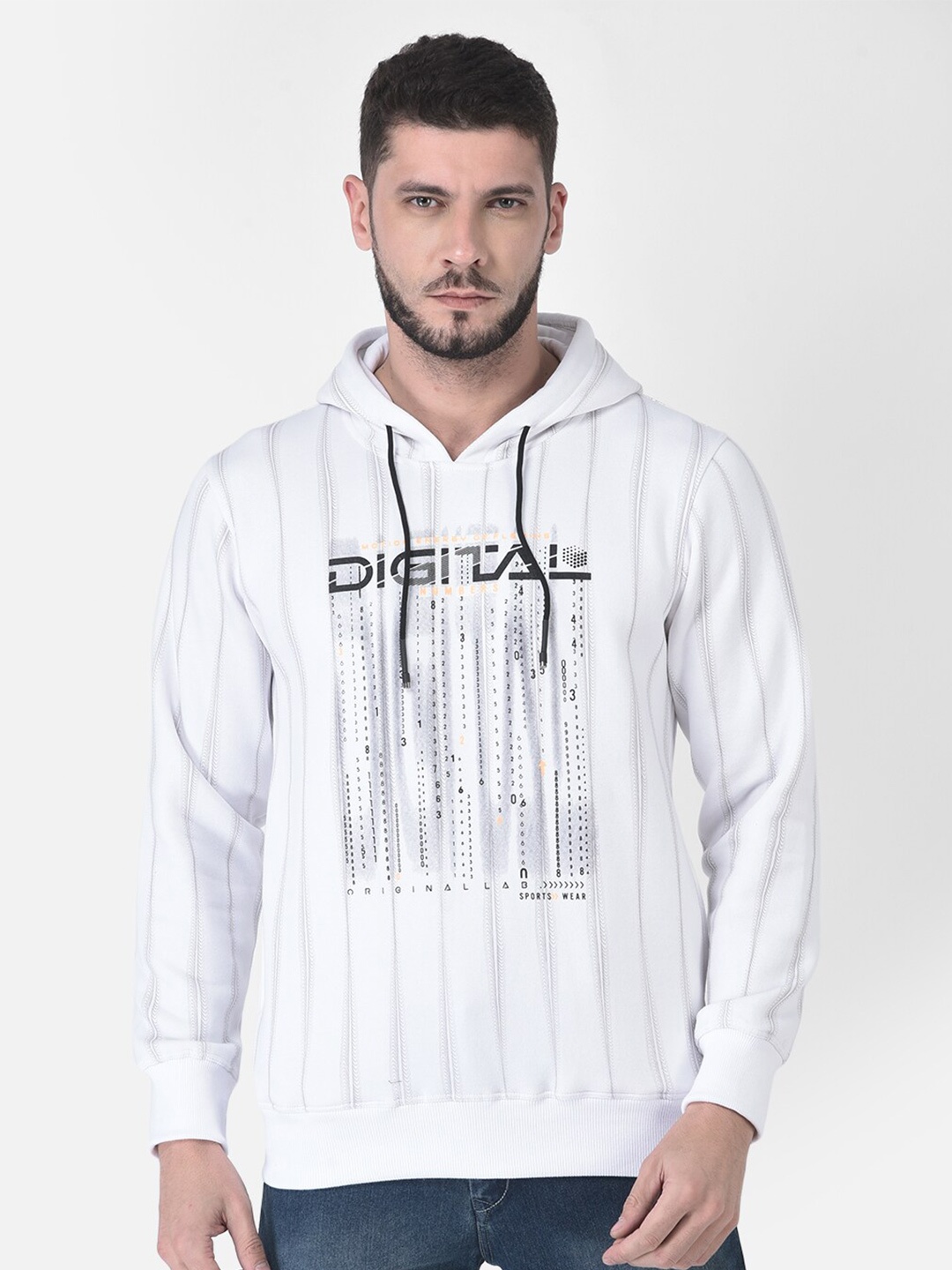 

COBB Men White Black Striped Cotton Hooded Sweatshirt