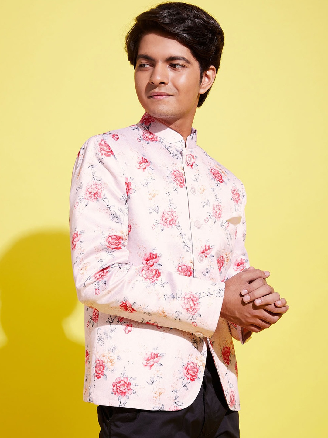

VASTRAMAY Boys Peach, Pink and Grey Printed Slim-Fit Bandhgala Blazer