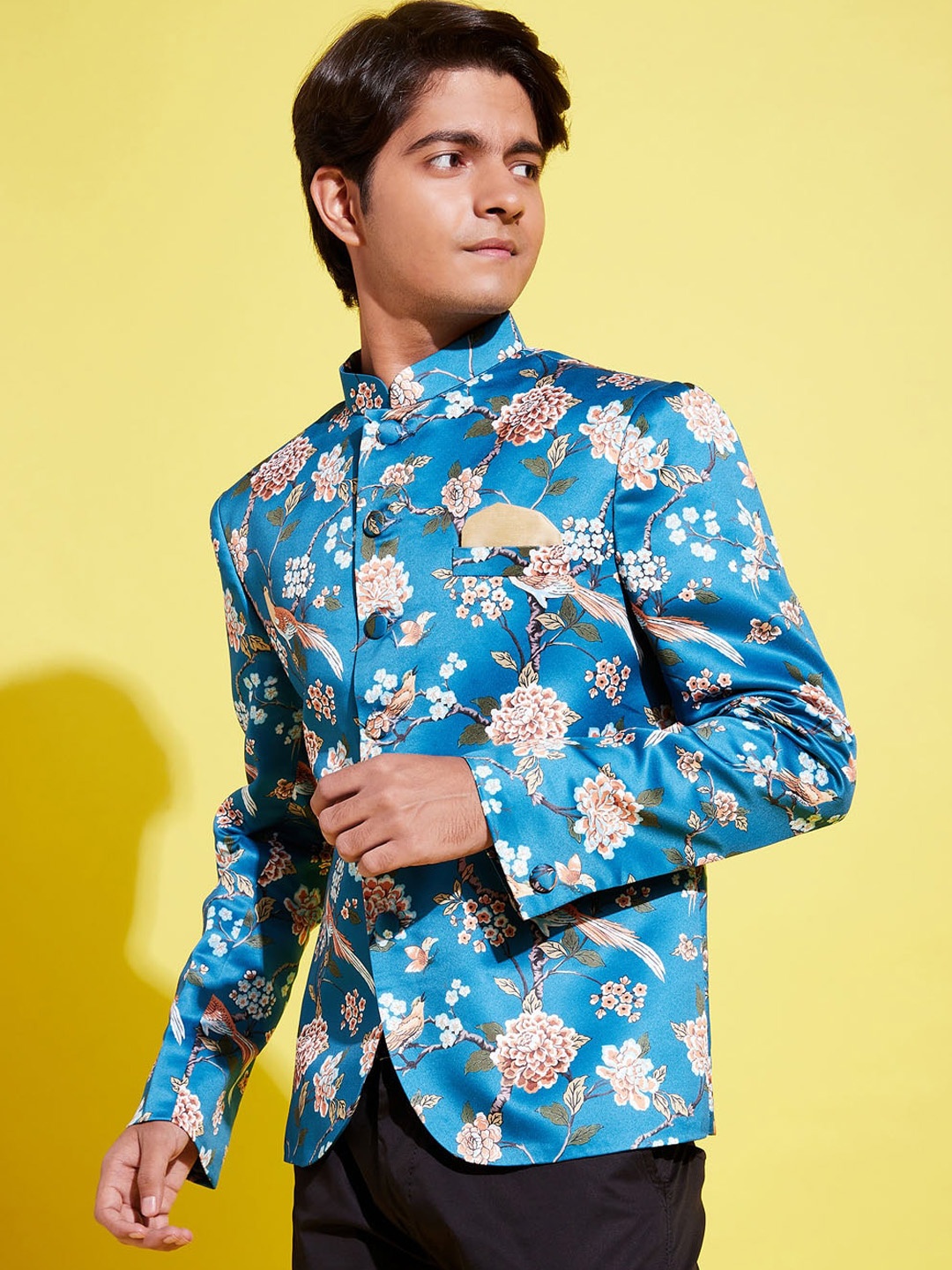 

VASTRAMAY Boys Turquoise Blue Floral Print Bandhgala Blazers