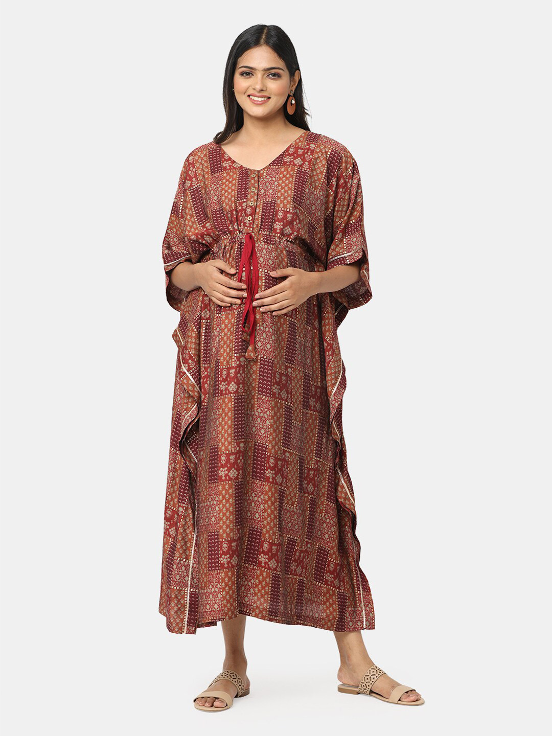 

CHARISMOMIC Women Maroon & Brown Printed Cotton Maternity Kaftan Midi Dress
