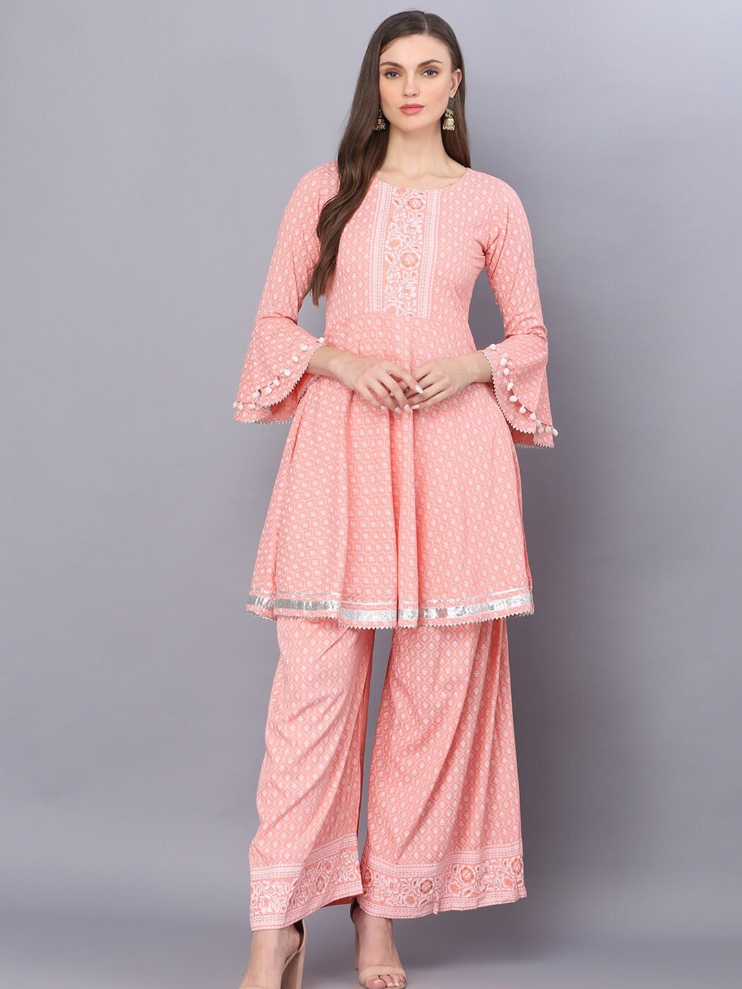 

God Bless Women Peach-Coloured Ethnic Motifs Printed Pleated Kurta with Palazzos