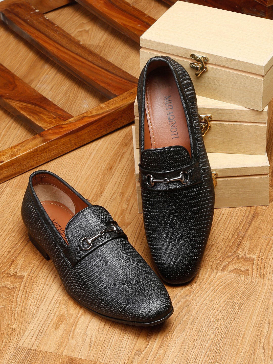 

MUTAQINOTI Men Black Textured Formal Slip-Ons