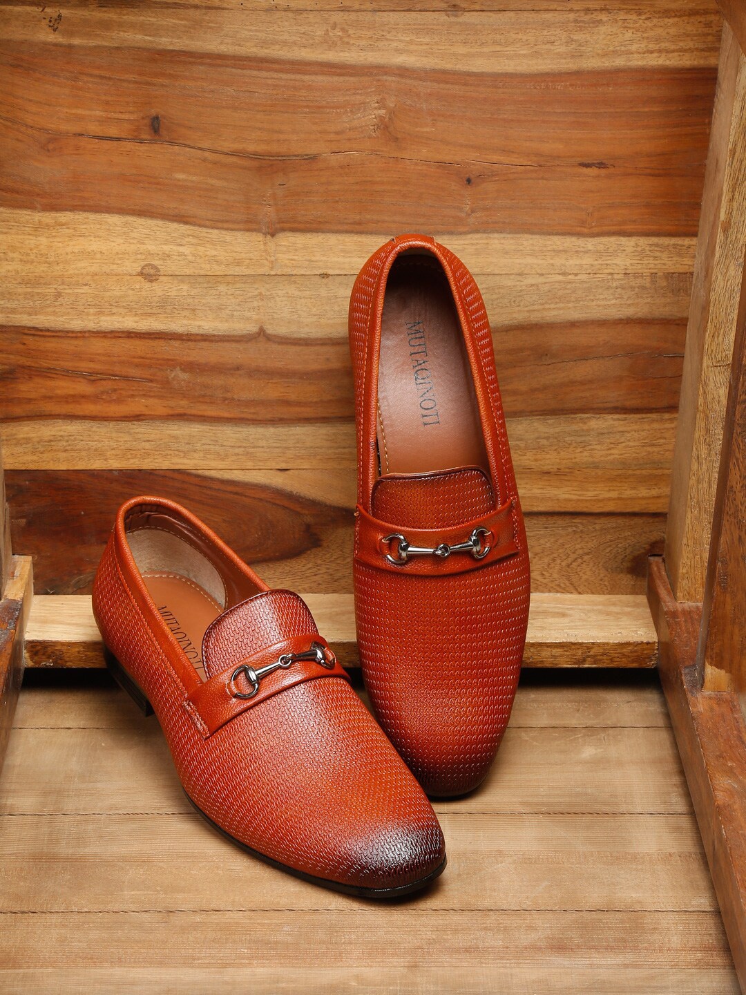 

MUTAQINOTI Men Tan Brown Textured Patent Leather Formal Loafers