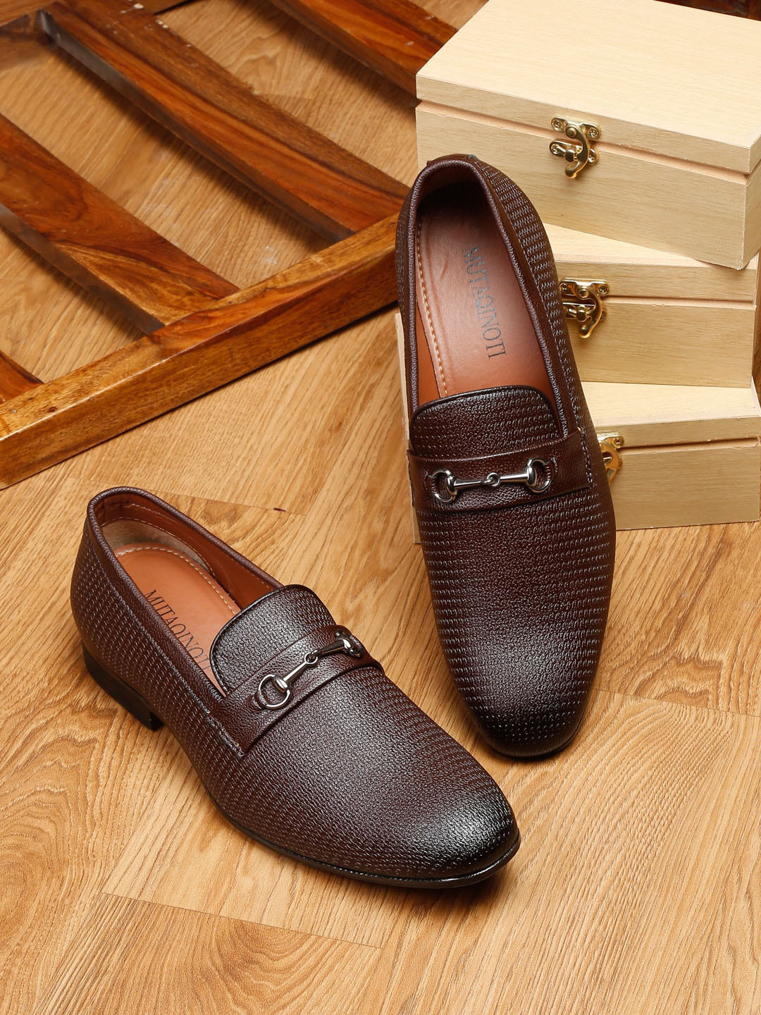 

MUTAQINOTI Men Brown Solid Formal Slip-On Shoes