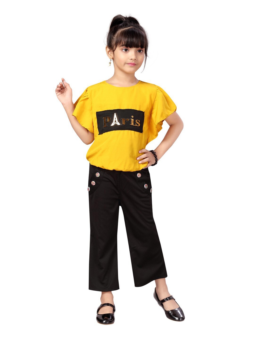 

POPLINS Girls Mustard & Black Printed Pure Cotton Top with Trousers
