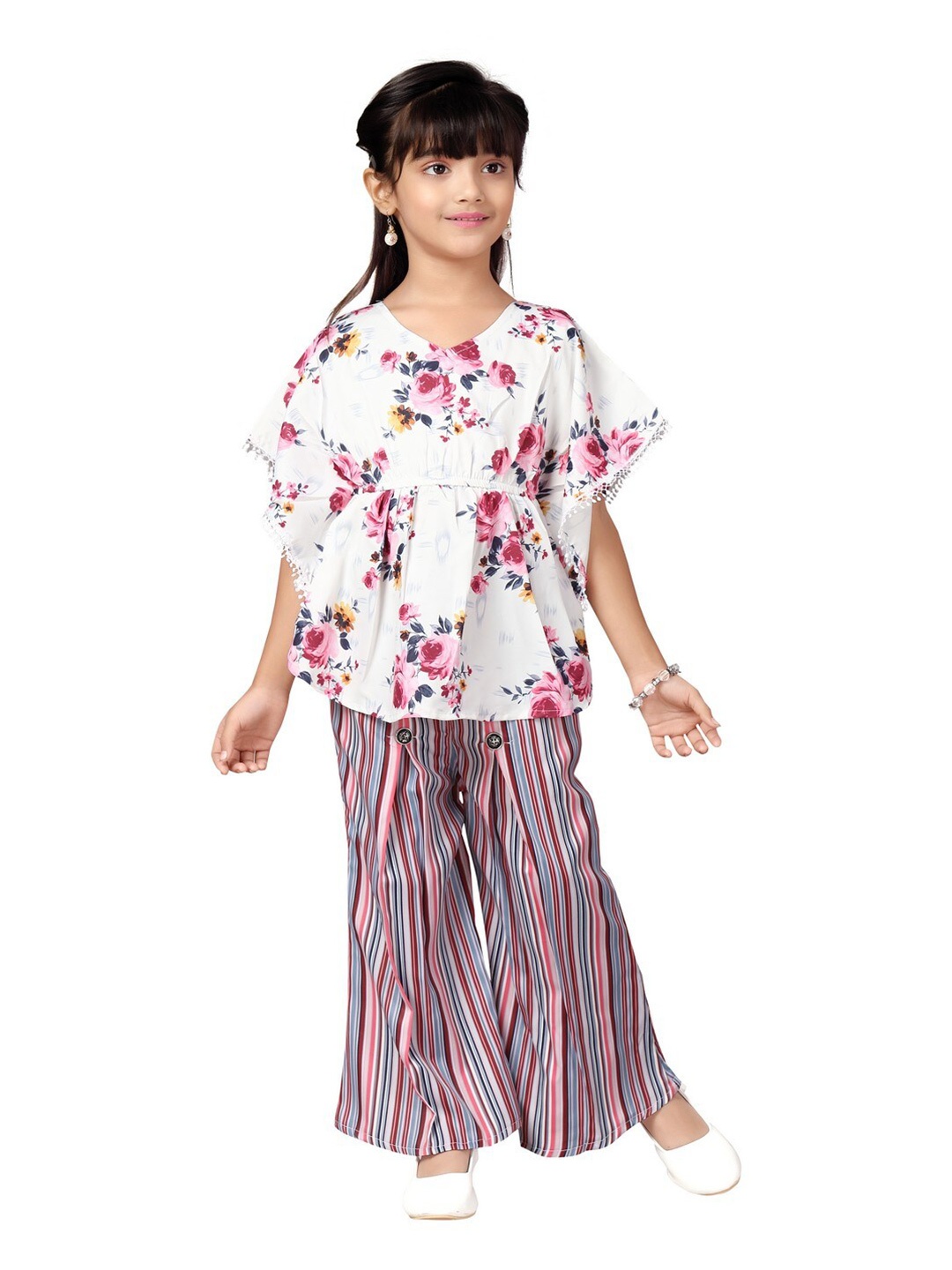 

POPLINS Girls Pink & White Printed Pure Cotton Top with Trousers