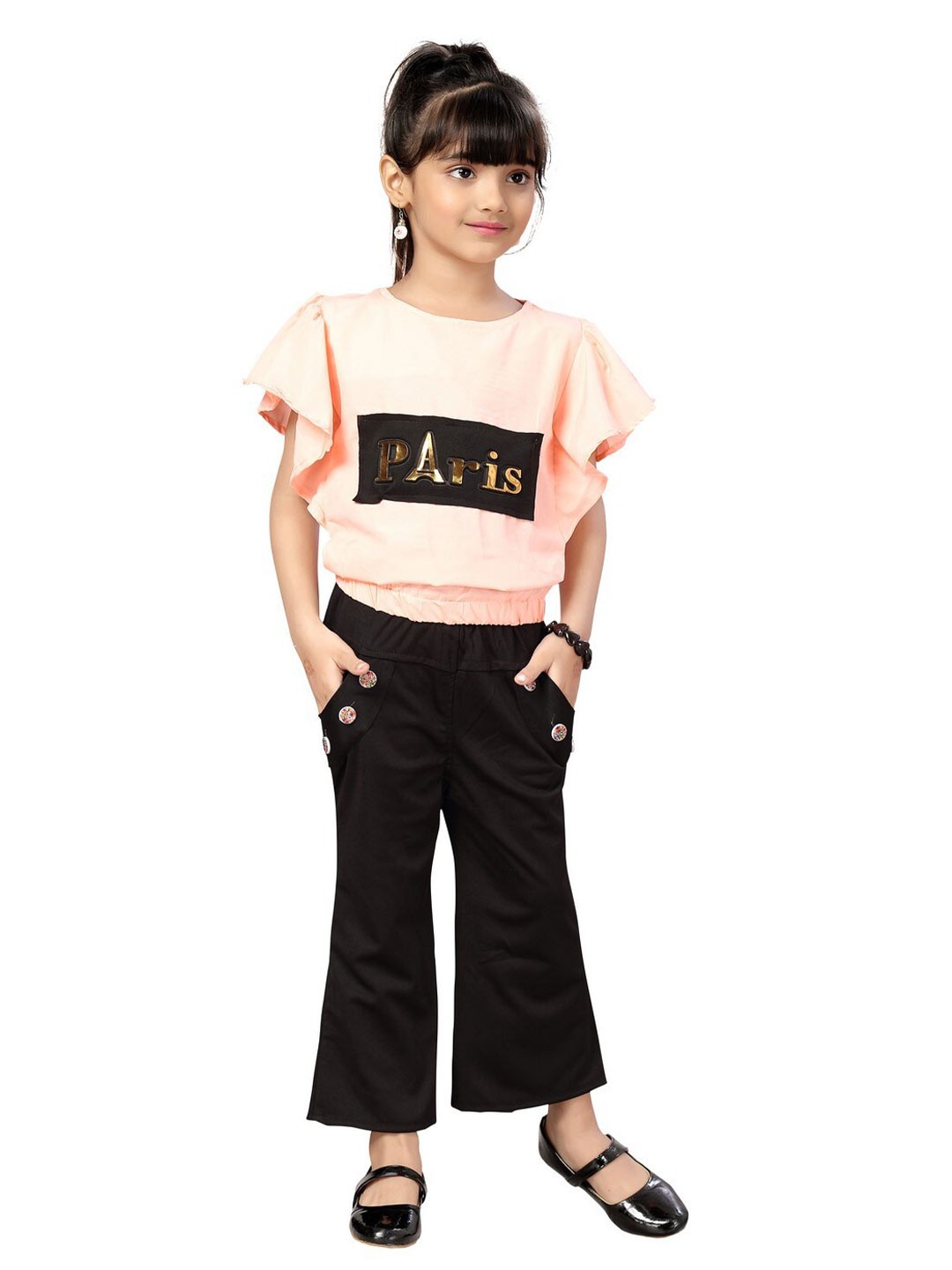 

POPLINS Girls Peach-Coloured & Black Printed Pure Cotton Top with Trousers