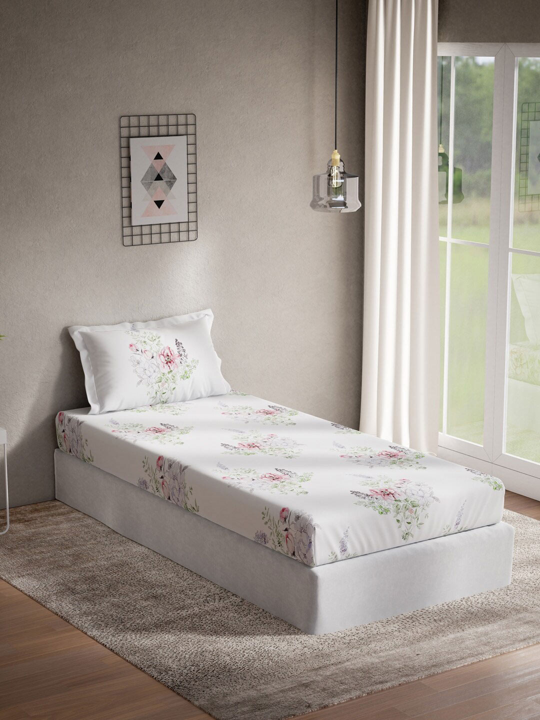 

DDecor White & Pink Floral 140 TC Cotton Single Bedsheet with 1 Pillow Covers