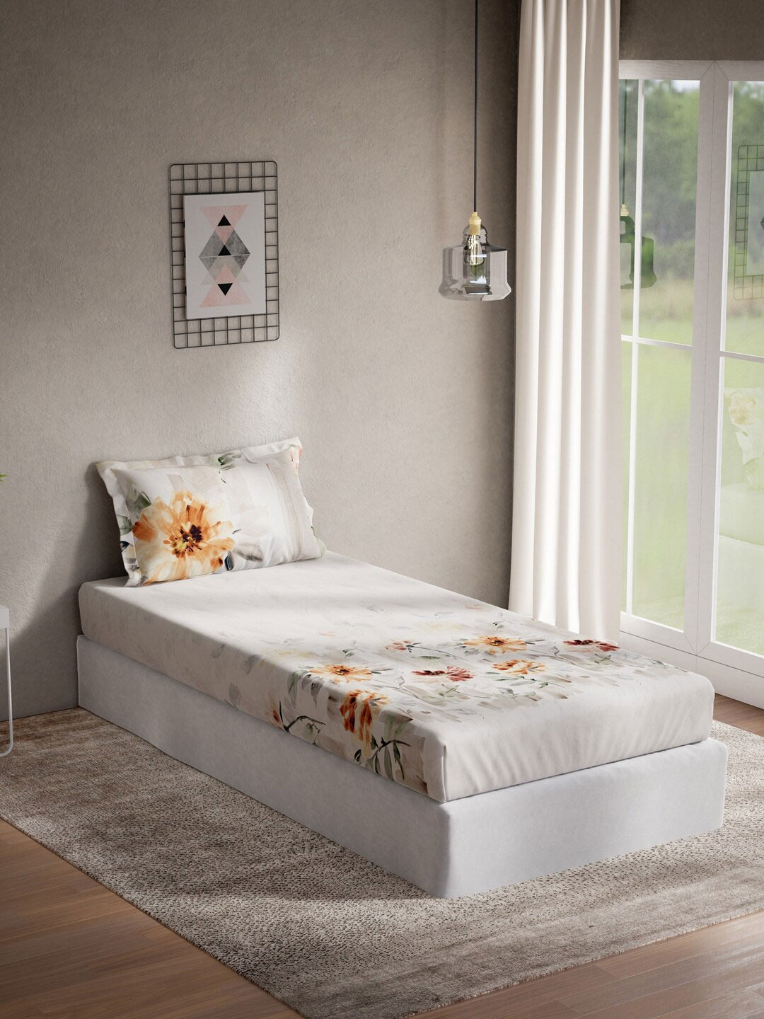 

DDecor Orange & Grey Floral 140 TC Cotton Single Bedsheet with 1 Pillow Covers