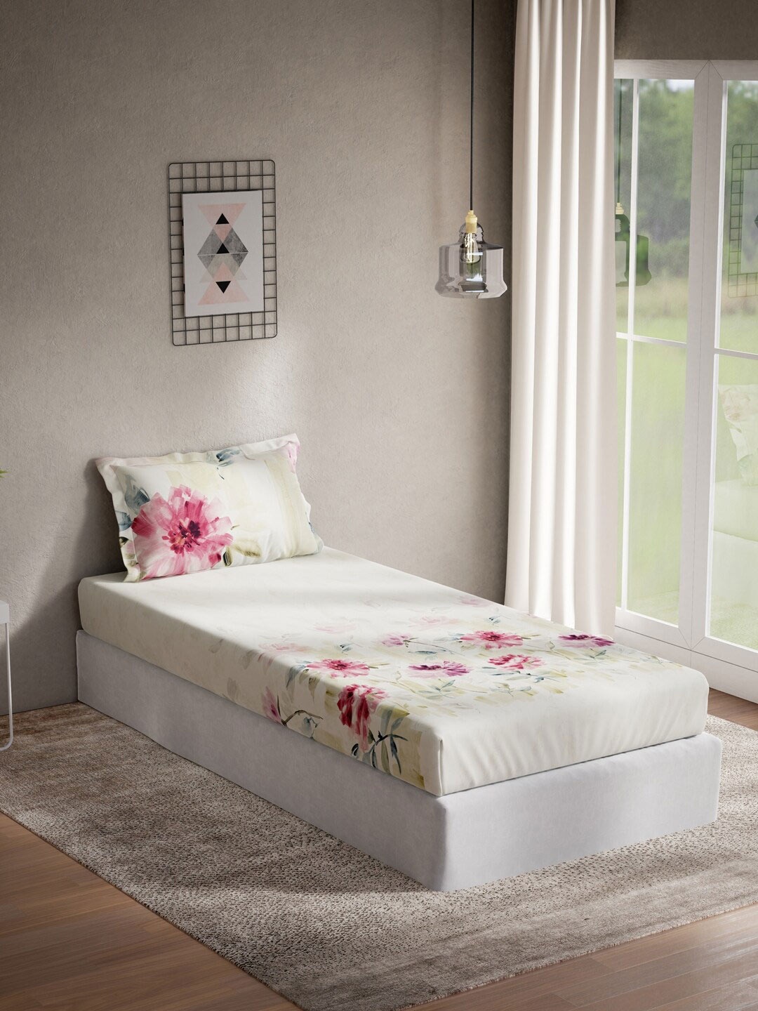 

DDecor Yellow & Pink Floral 140 TC Cotton Single Bedsheet with 1 Pillow Covers