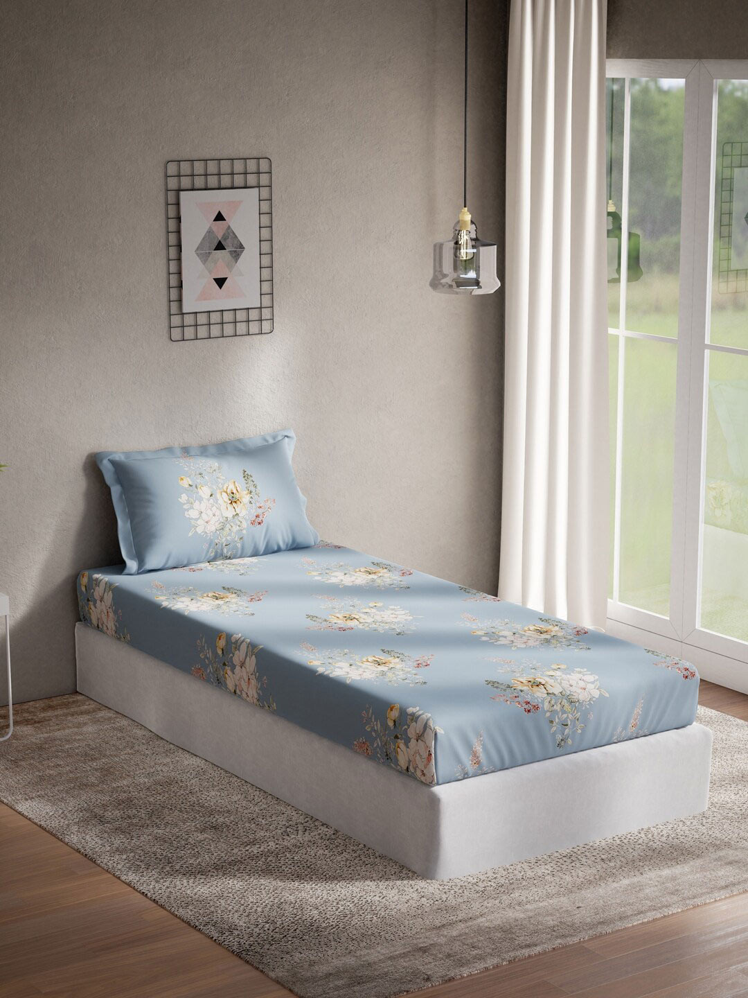 

DDecor Blue & Yellow Floral 140 TC Cotton Single Bedsheet with 1 Pillow Covers