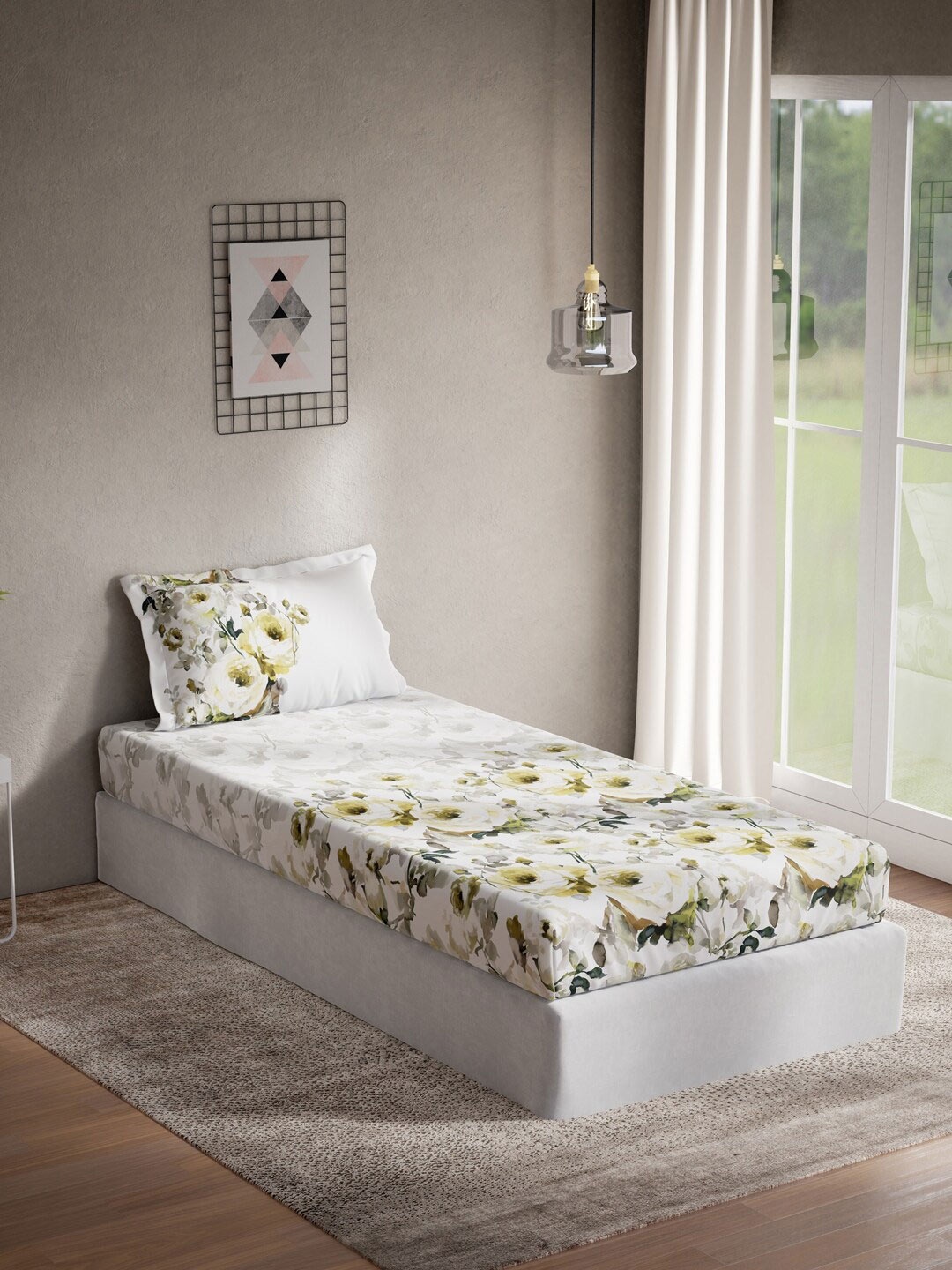 

DDecor White & Yellow Floral 140 TC Cotton Single Bedsheet with 1 Pillow Covers