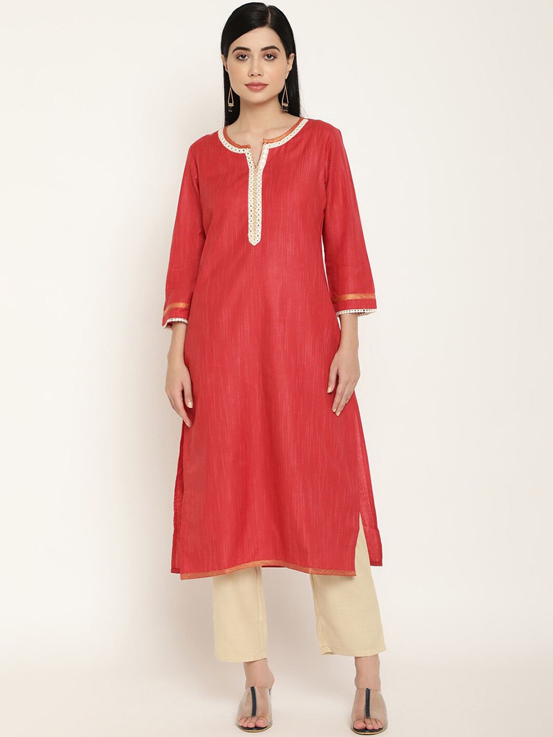 

Be Indi Women Round Neck Solid A-Line Side Slits Regular Kurta, Red