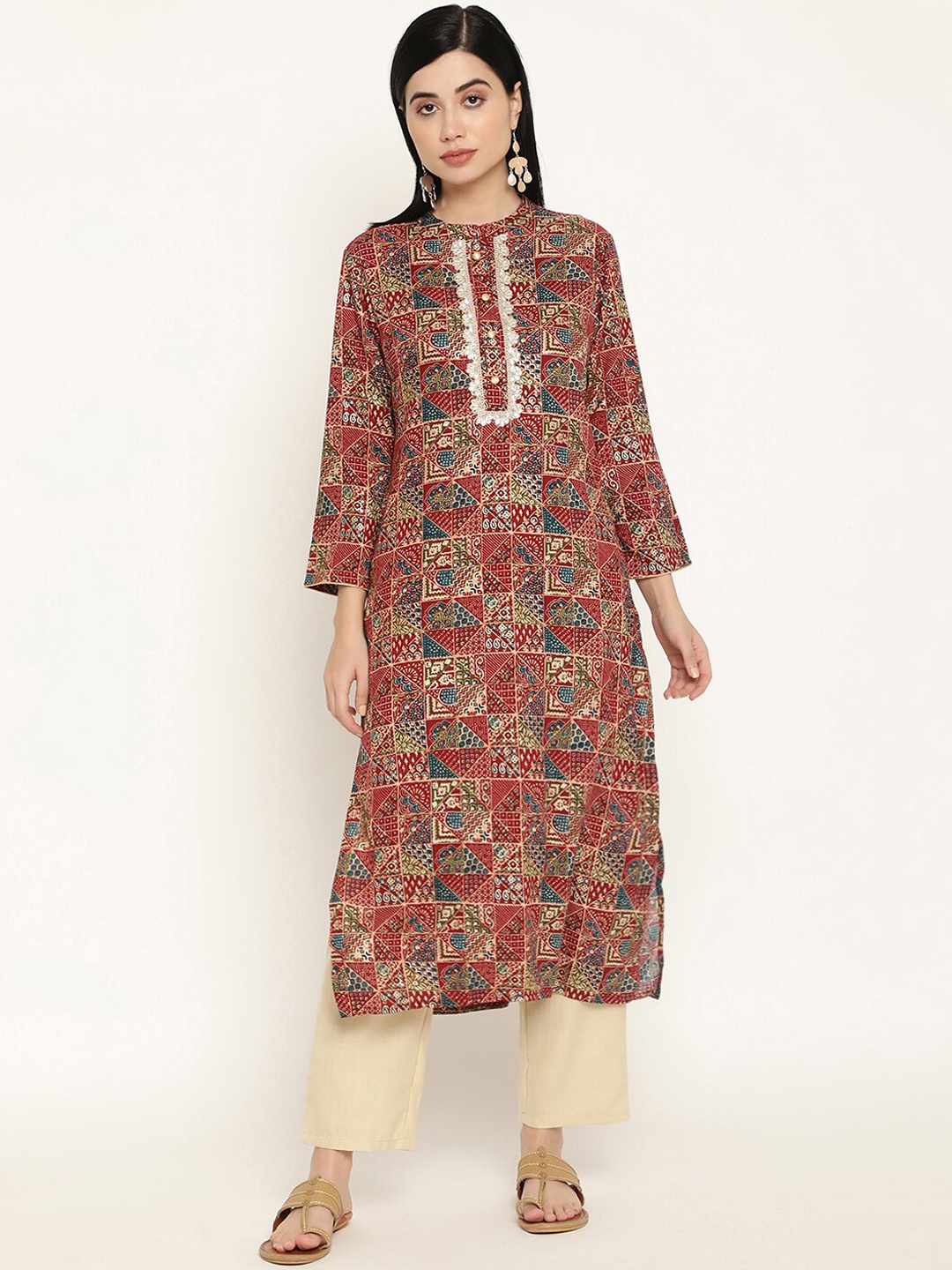 

Be Indi Women Mandarin Collar Ethnic Motifs Straight Side Slits Regular Kurta, Maroon