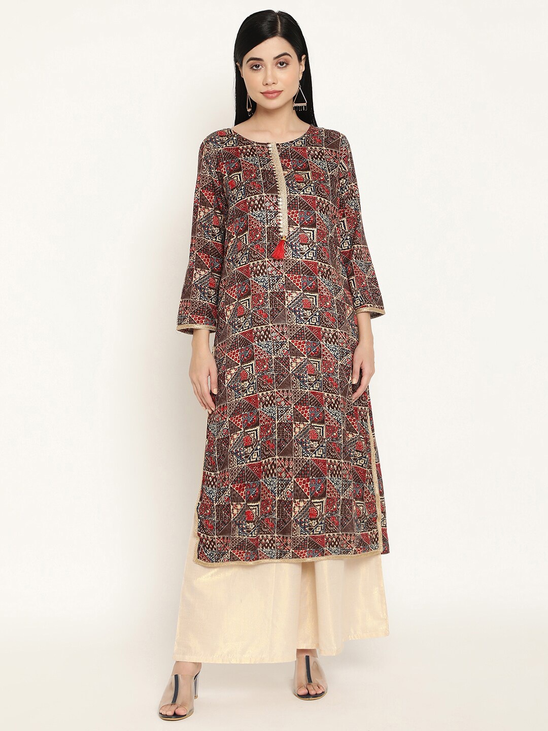 

Be Indi Women Round Neck Ethnic Motifs Straight Side Slits Regular Kurta, Brown