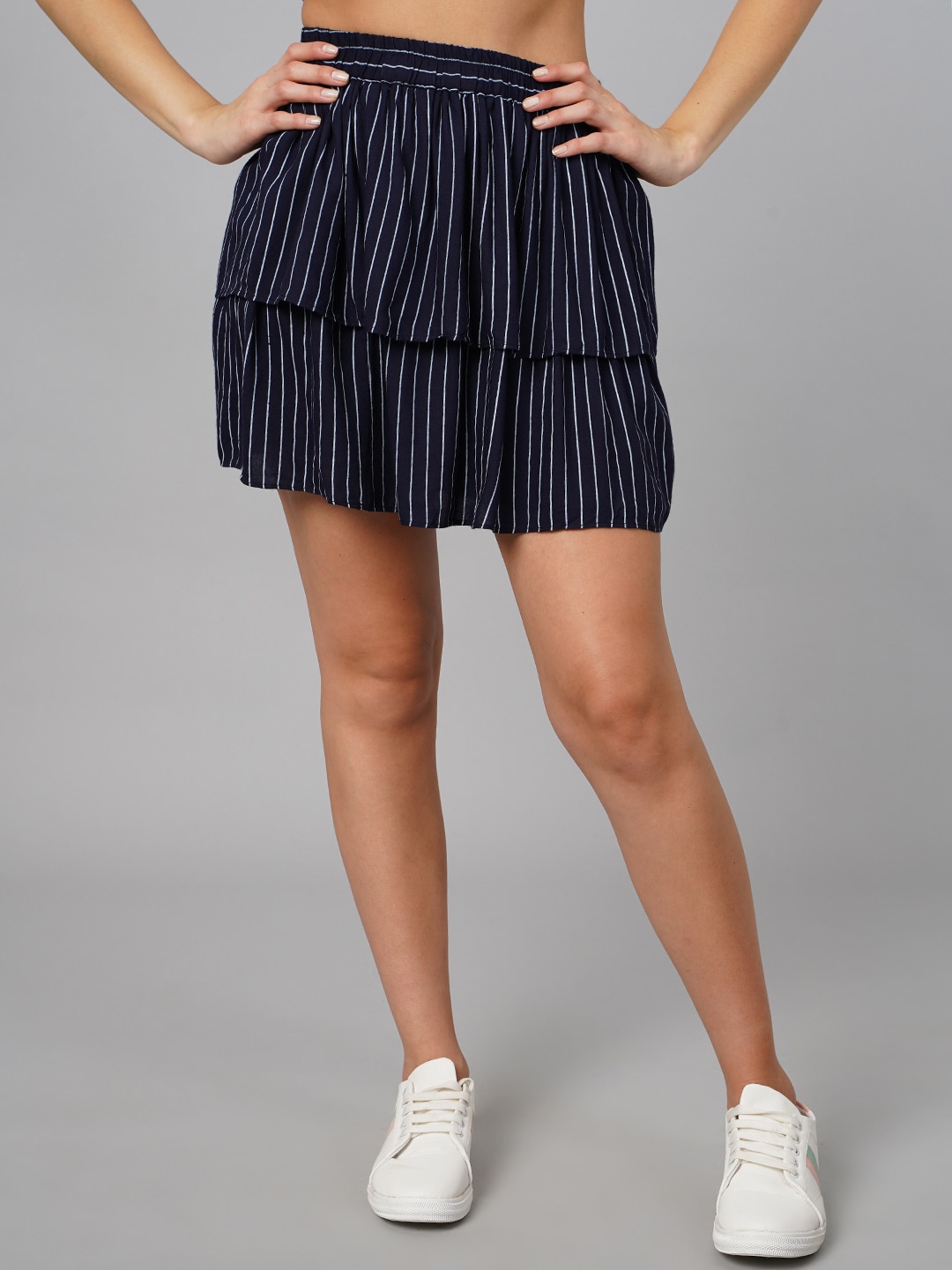 

SCORPIUS Women Navy Blue Striped Flared Above Knee Skirt