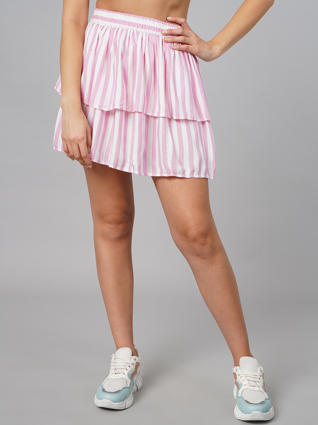 

SCORPIUS Women White & Pink Striped Skirts