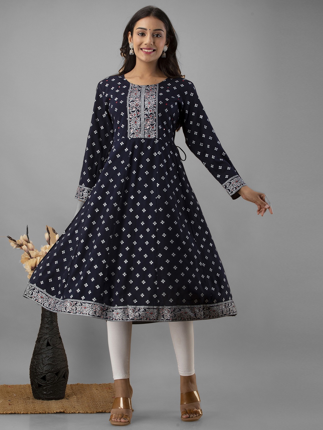 

NAYRAH Women Navy Blue Ethnic Motifs Printed Mirror Work Indigo Anarkali Kurta