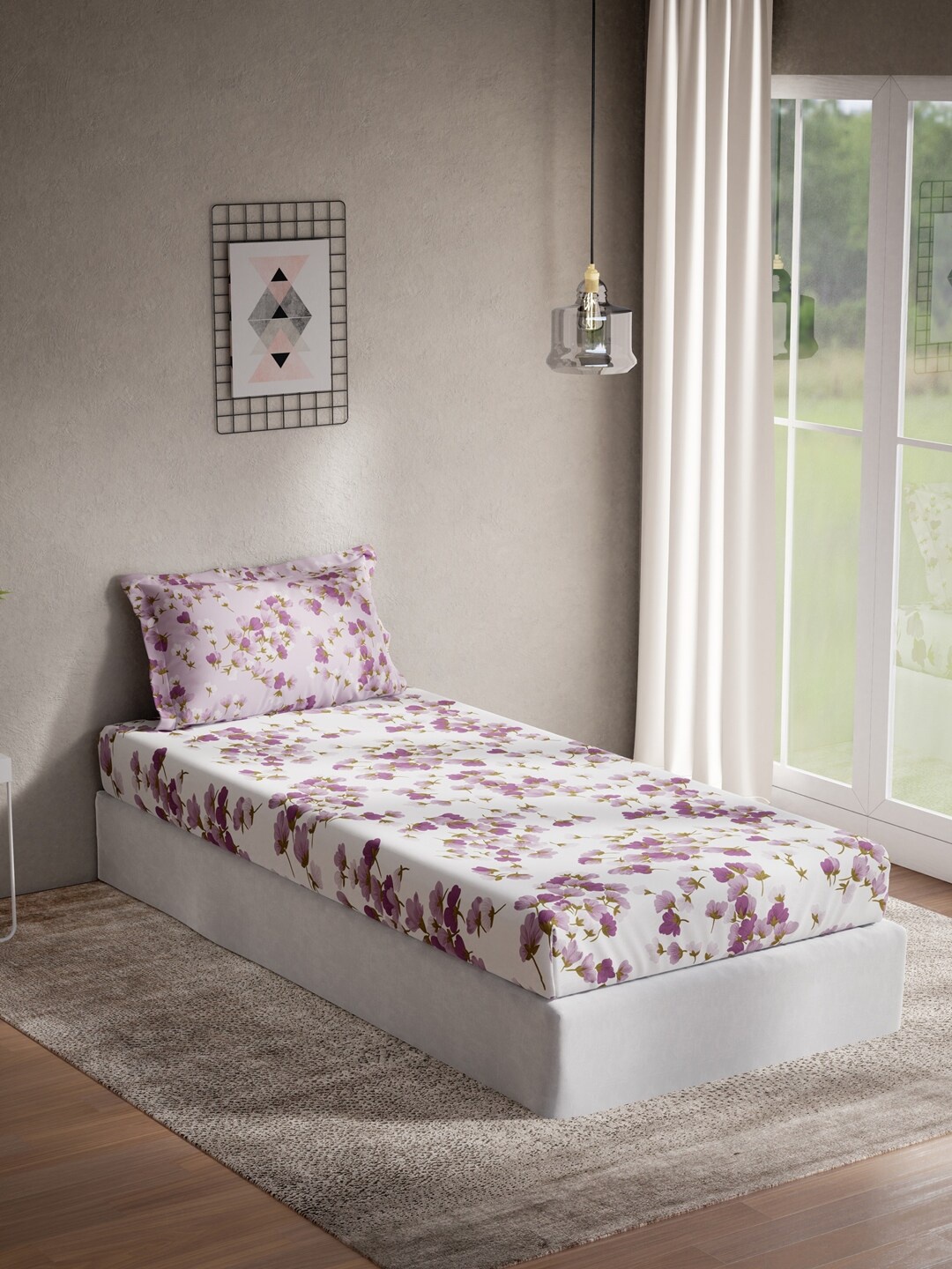 

DDecor White & Purple Floral 140 TC Cotton Single Bedsheet with 1 Pillow Covers