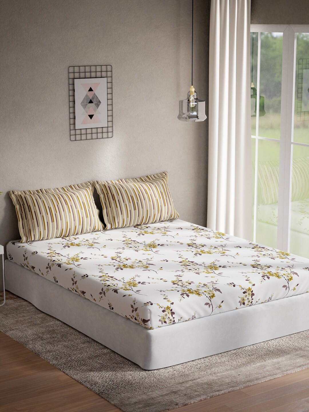 DDecor White & Yellow Floral 140 TC Cotton Queen Bedsheet with 2 Pillow Covers