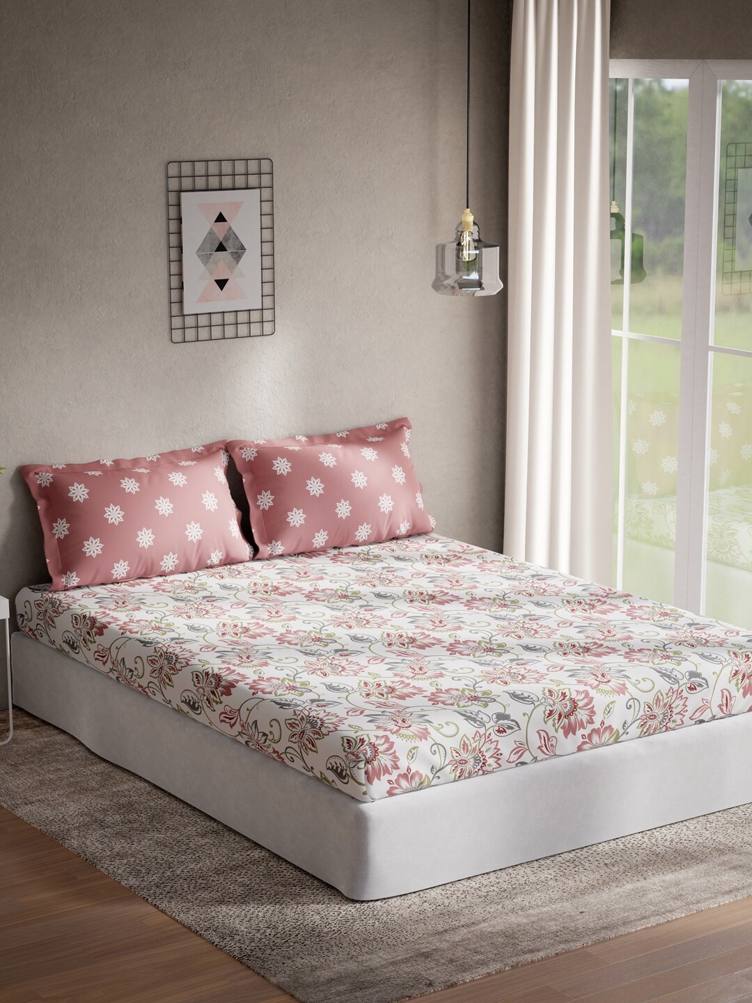

DDecor White & Mauve Floral 140 TC Cotton Queen Bedsheet with 2 Pillow Covers