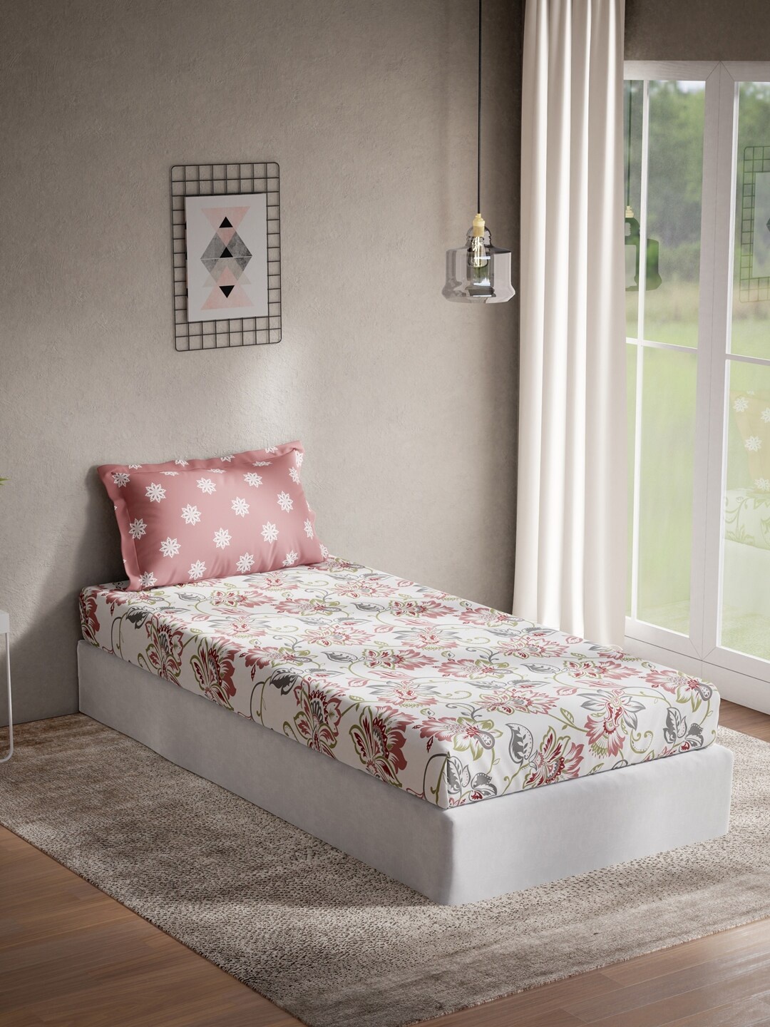 

DDecor White & Red Floral 140 TC Cotton Single Bedsheet with 1 Pillow Covers