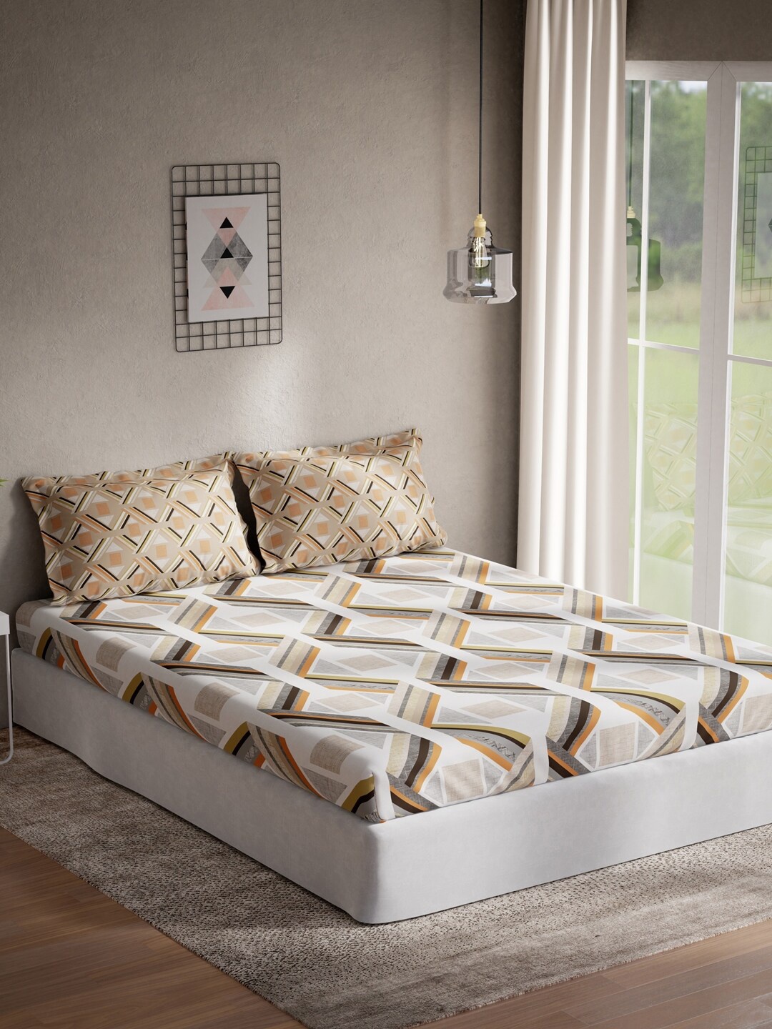 

DDecor Brown & White Geometric 140 TC Cotton Queen Bedsheet with 2 Pillow Covers