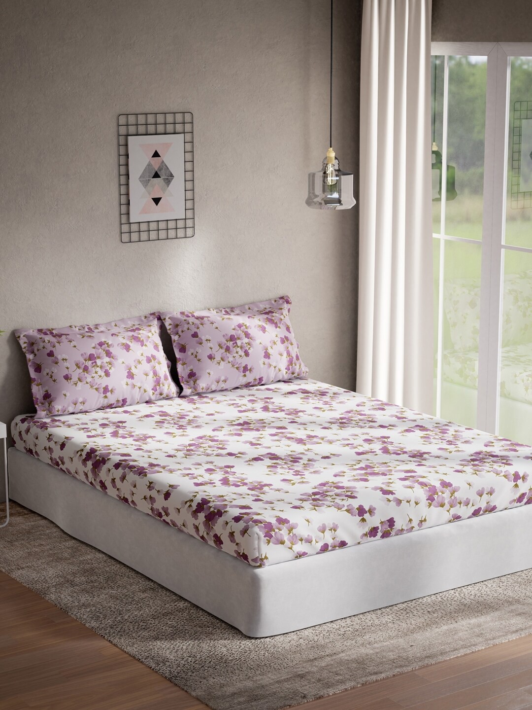 

DDecor White & Purple Floral 140 TC Cotton Queen Bedsheet with 2 Pillow Covers