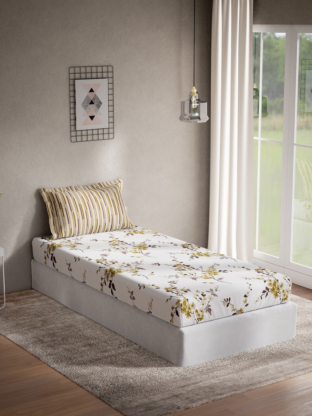 

DDecor White & Yellow Floral 140 TC Cotton Single Bedsheet with 1 Pillow Covers