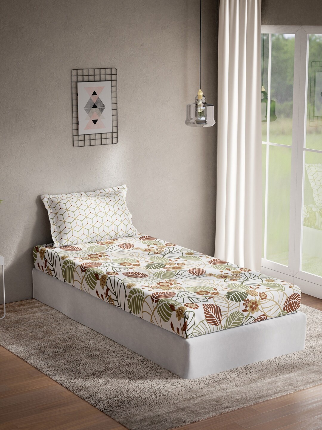 

DDecor White & Brown Floral 140 TC Cotton Single Bedsheet with 1 Pillow Covers