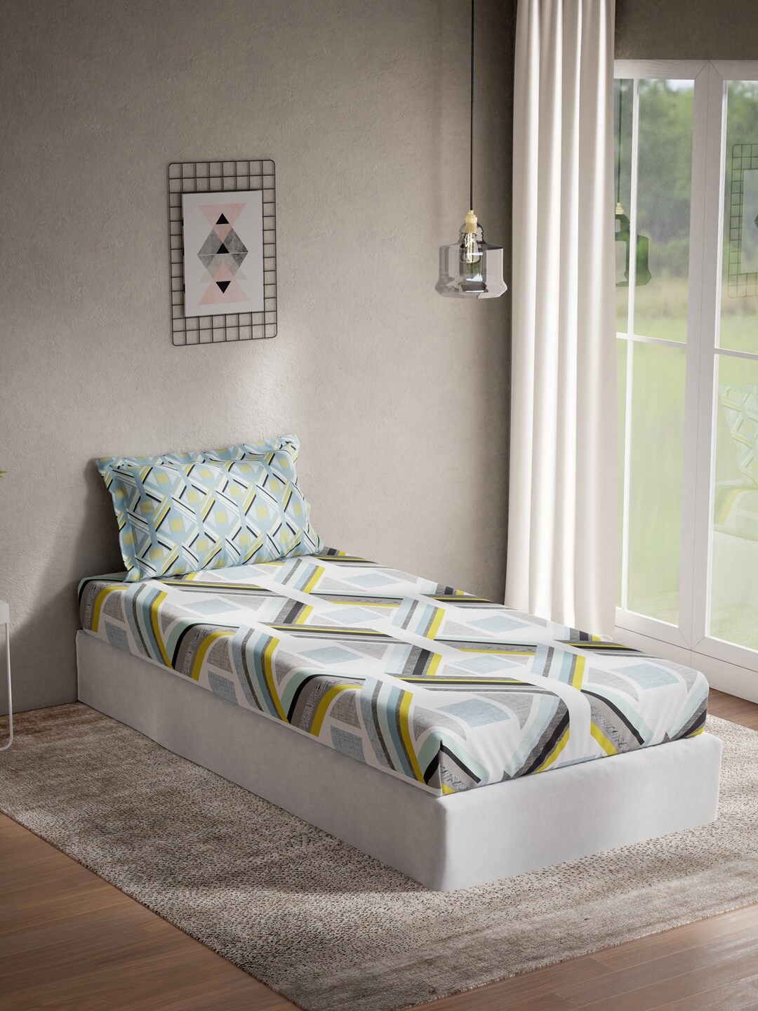 

DDecor White & Blue Geometric 140 TC Cotton Single Bedsheet with 1 Pillow Covers