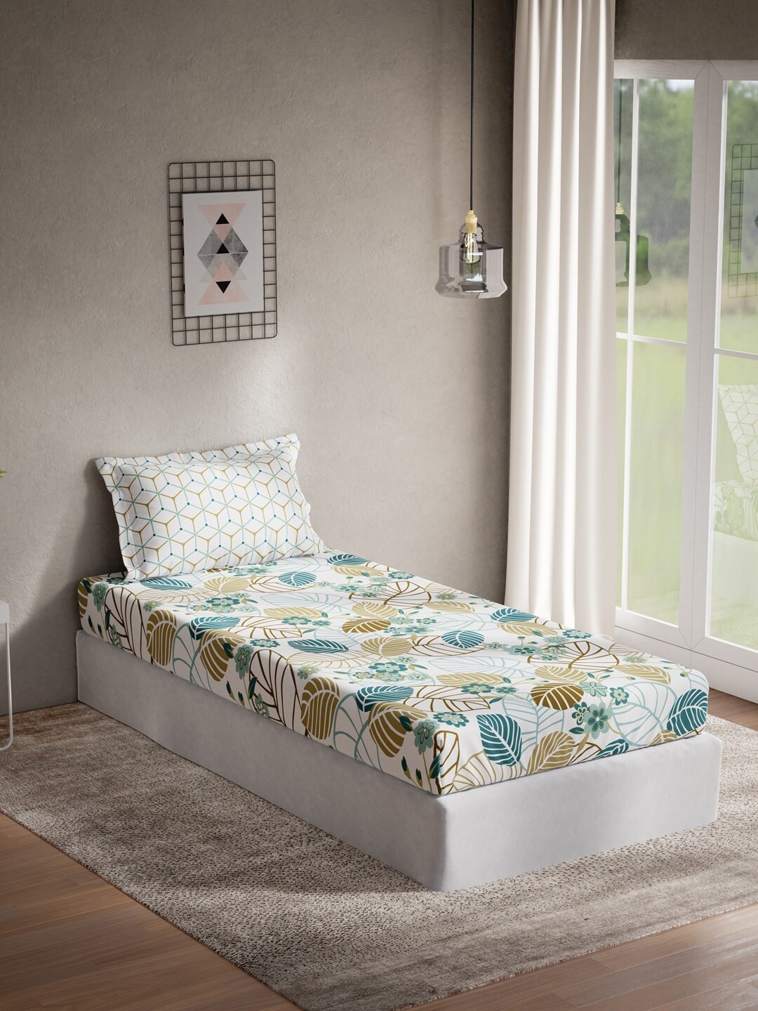 

DDecor White & Green Floral 140 TC Cotton Single Bedsheet with 1 Pillow Covers