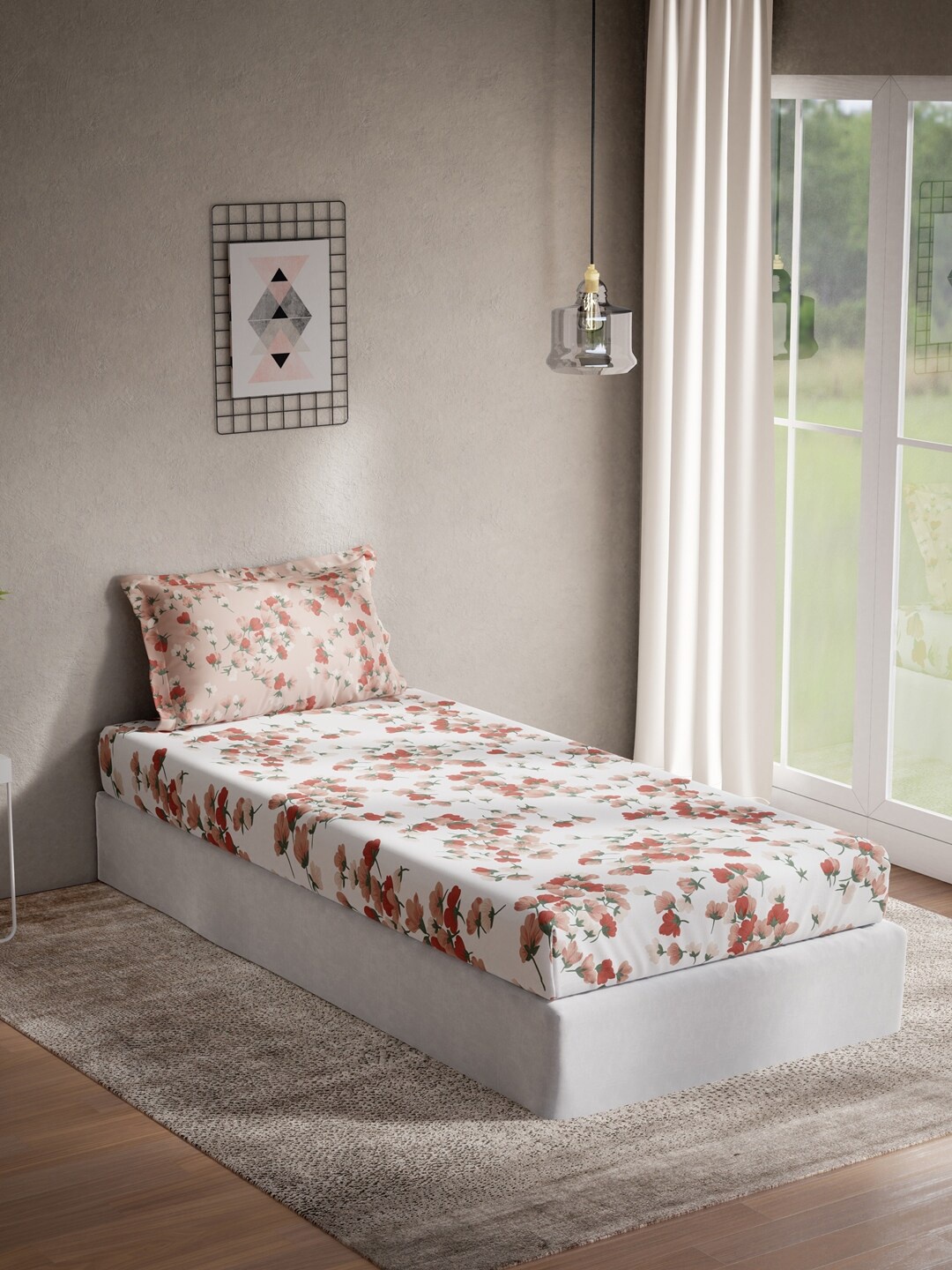 

DDecor White & Red Floral 140 TC Cotton Single Bedsheet with 1 Pillow Covers