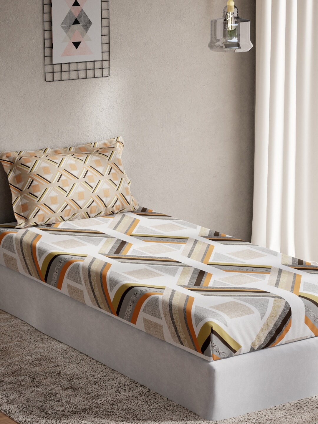 

DDecor White & Grey Geometric 140 TC Cotton Single Bedsheet with 1 Pillow Covers