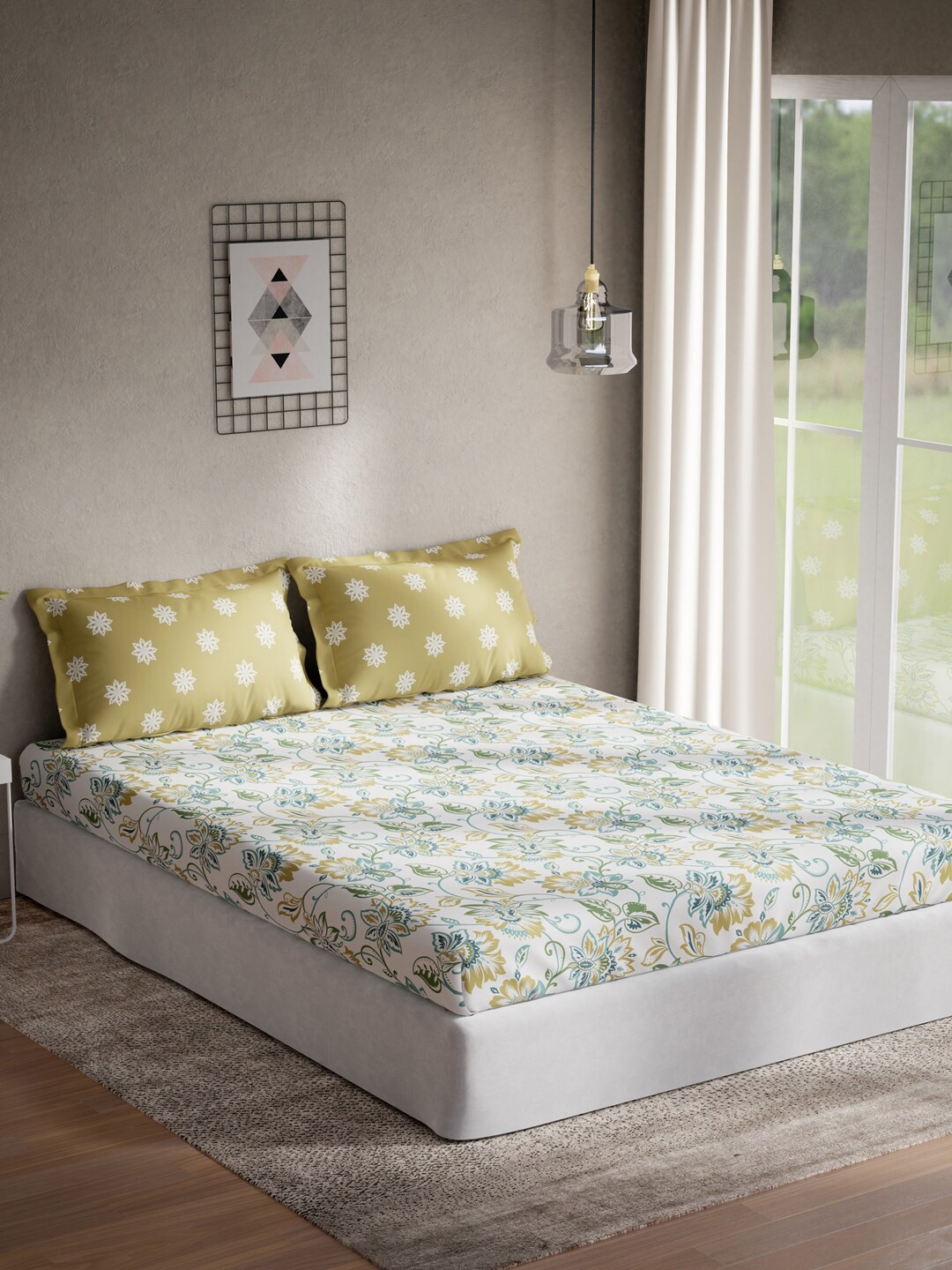 

DDecor White & Green Floral 140 TC Cotton Queen Bedsheet with 2 Pillow Covers