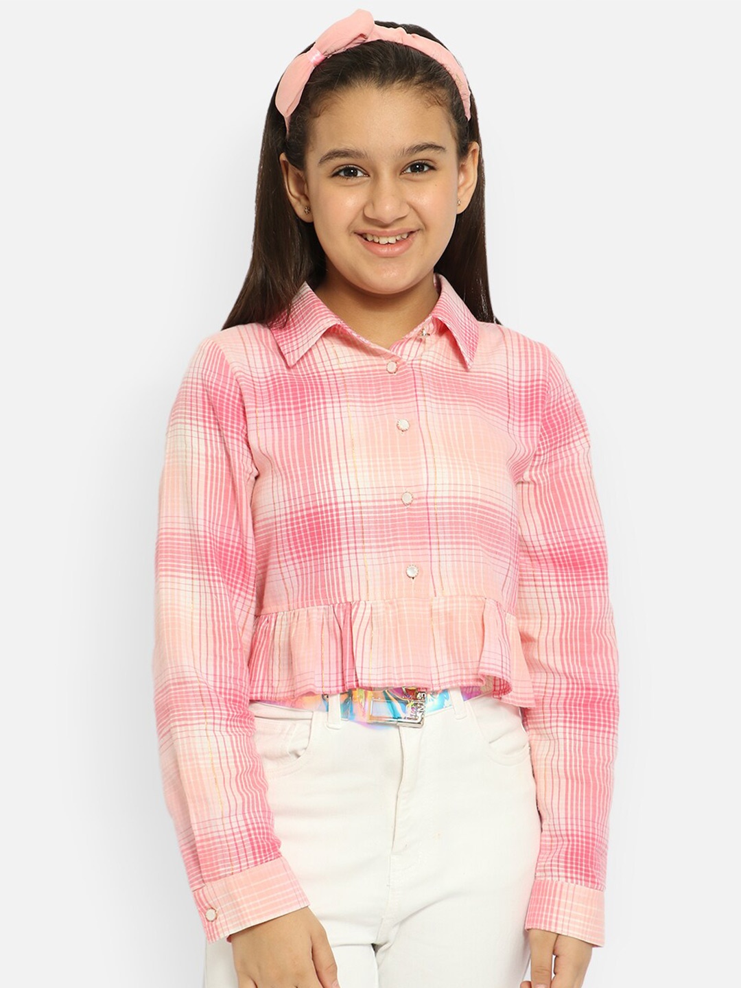 

Natilene Girls Pink & Peach-Coloured Checked Ruffles Pure Cotton Shirt Style Top