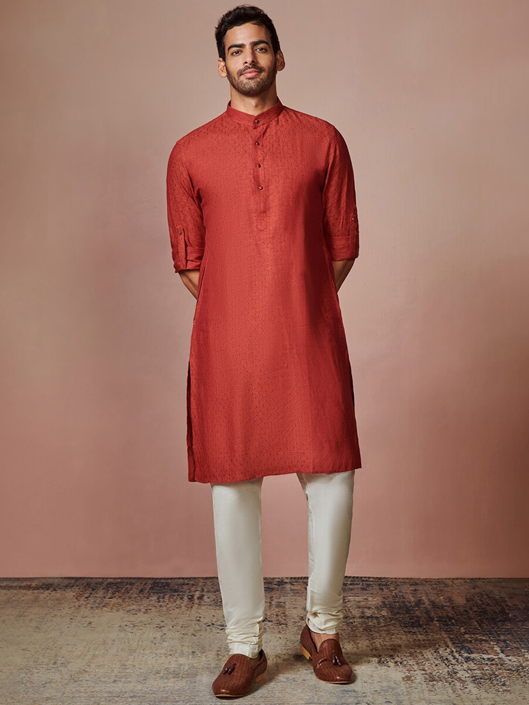 

Manyavar Men Rust Woven Design Thread Work Straight Fit Kurta