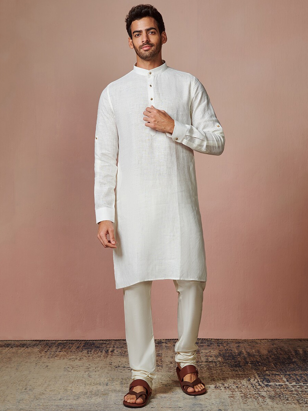 

Manyavar Men Cream-Coloured Striped Linen Kurta with Churidar