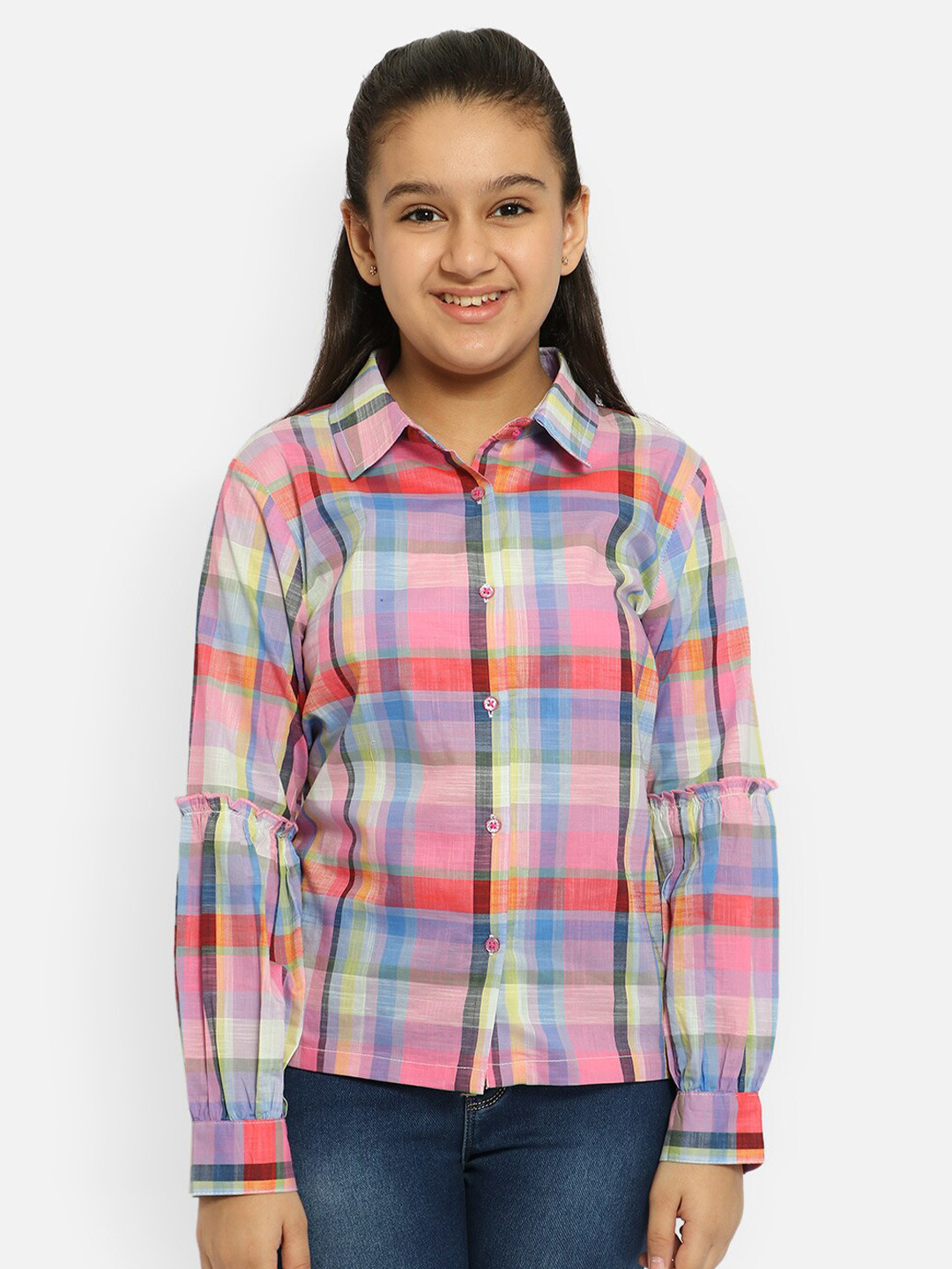 

Natilene Girls Pink Standard Tartan Checked Pure Cotton Casual Shirt