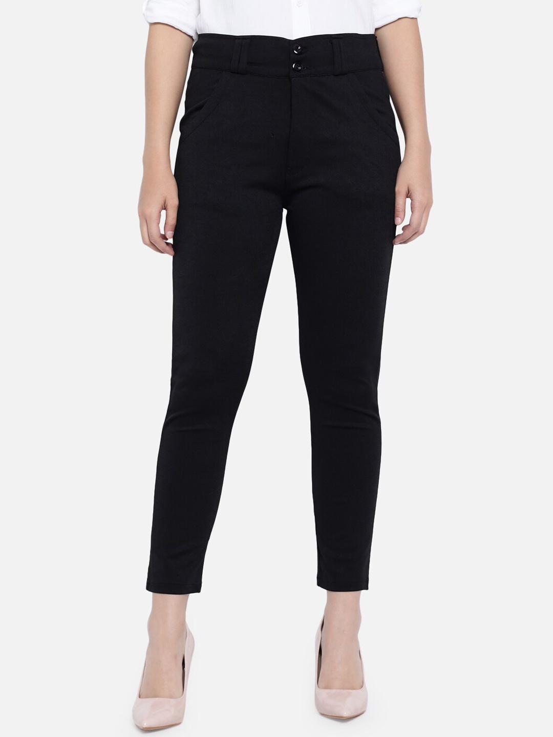 

Purple Feather Women Black Smart Slim Fit High-Rise Chinos Trousers