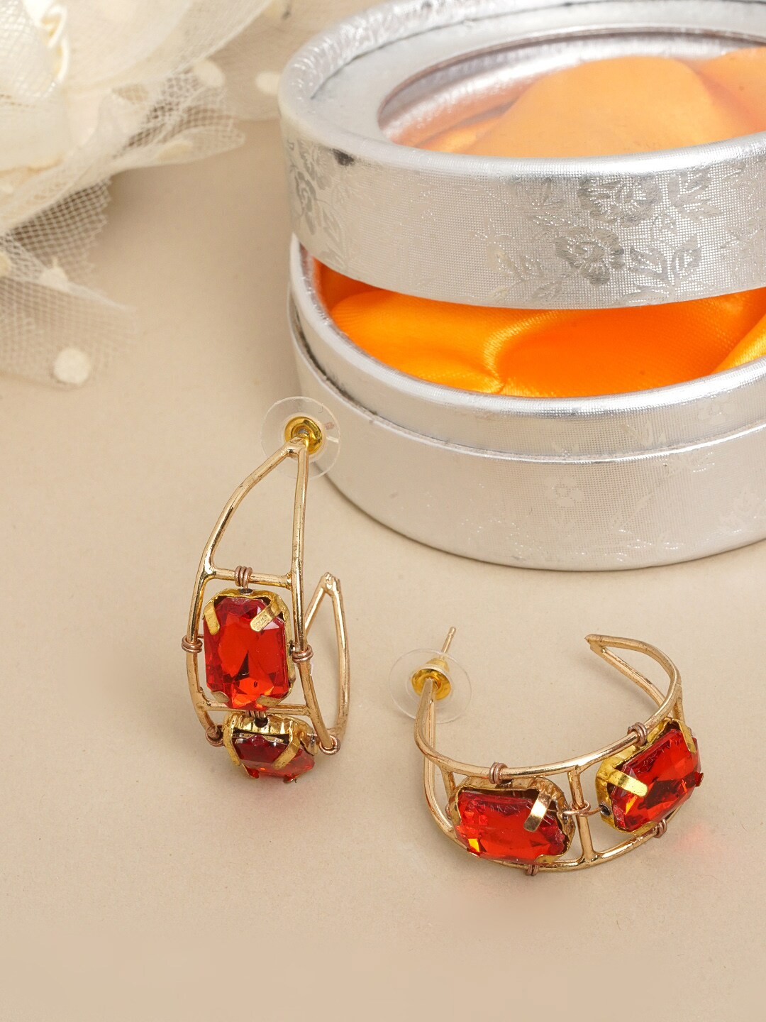 

DIVA WALK EXCLUSIVE Women Red & Gold-Plated Contemporary Hoop Earrings