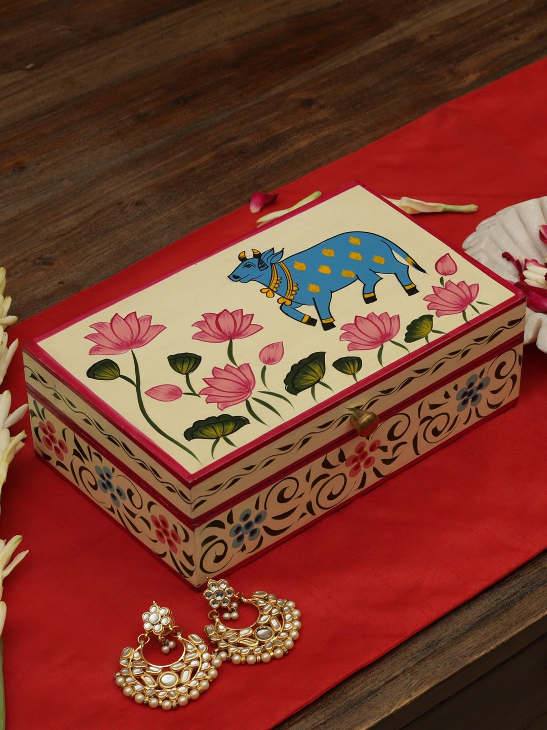 

Amoliconcepts Beige & Pink Hand Painted Pichwai Cow Box