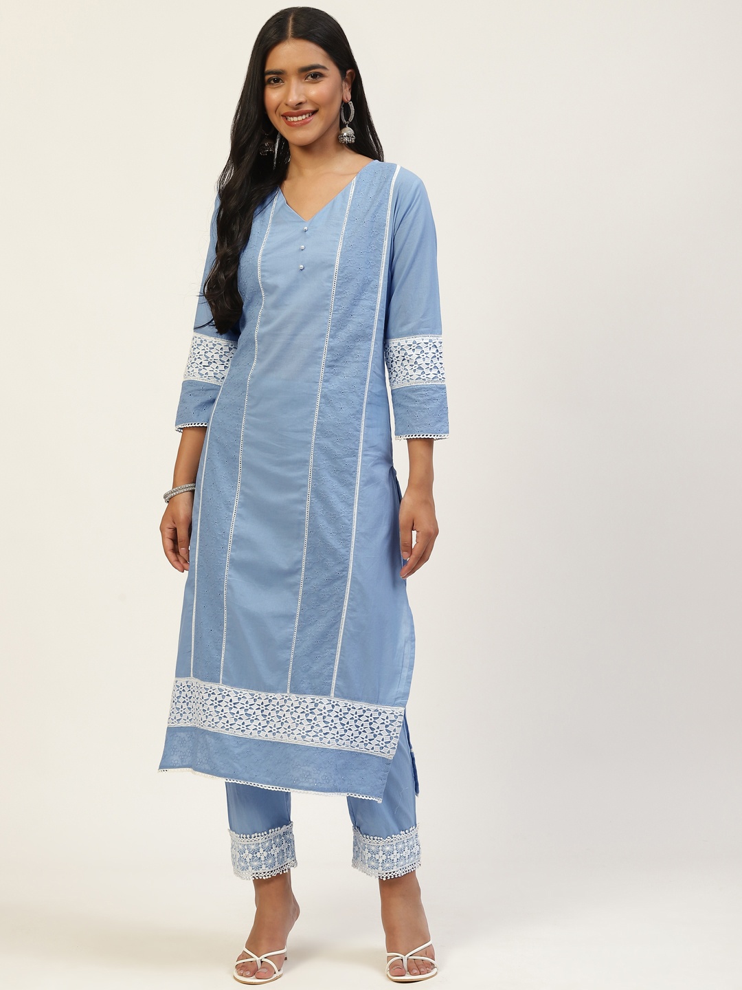 

MISRI Women Blue Floral Embroidered Lace Deatil Kurta with Trousers