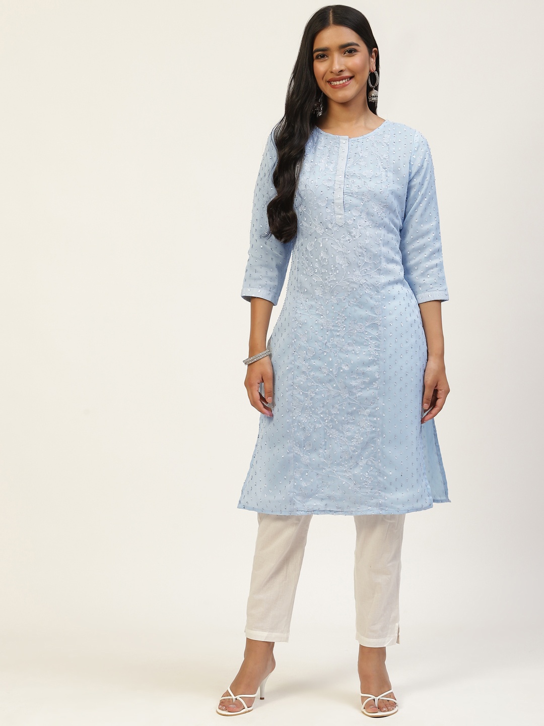 

MISRI Women Blue Floral Zari Kurta With Trousers