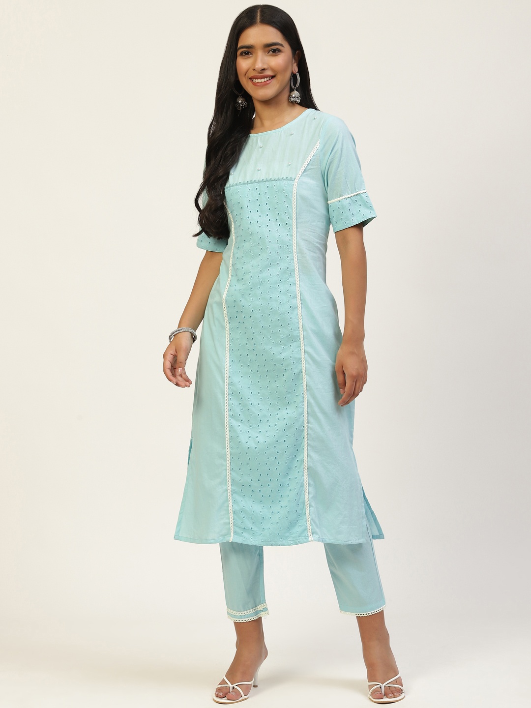 

MISRI Women Sea Green Schiffli Kurta with Trousers