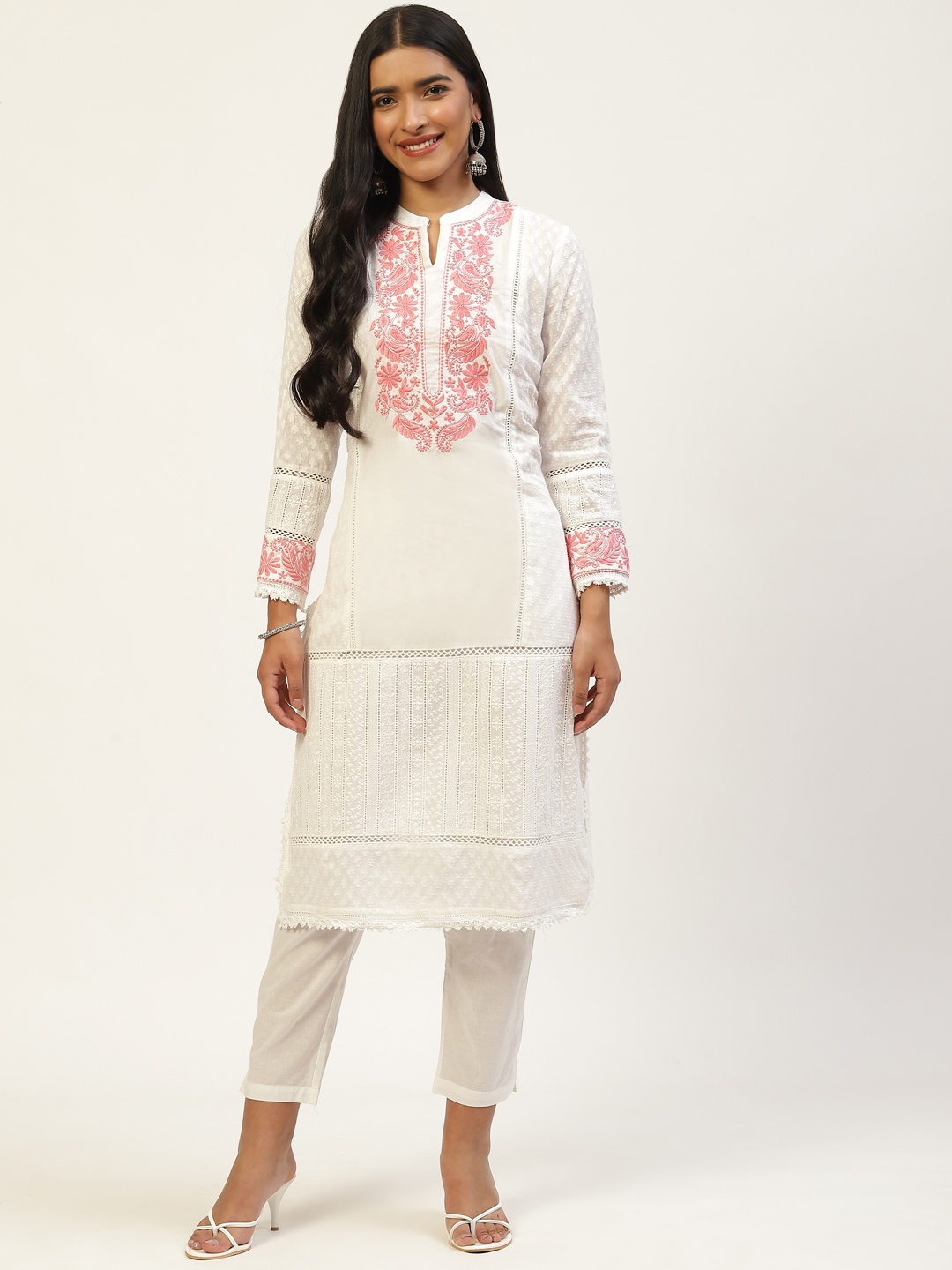 

MISRI Women White Ethnic Motifs Embroidered Lace Detail Kurta With Trousers