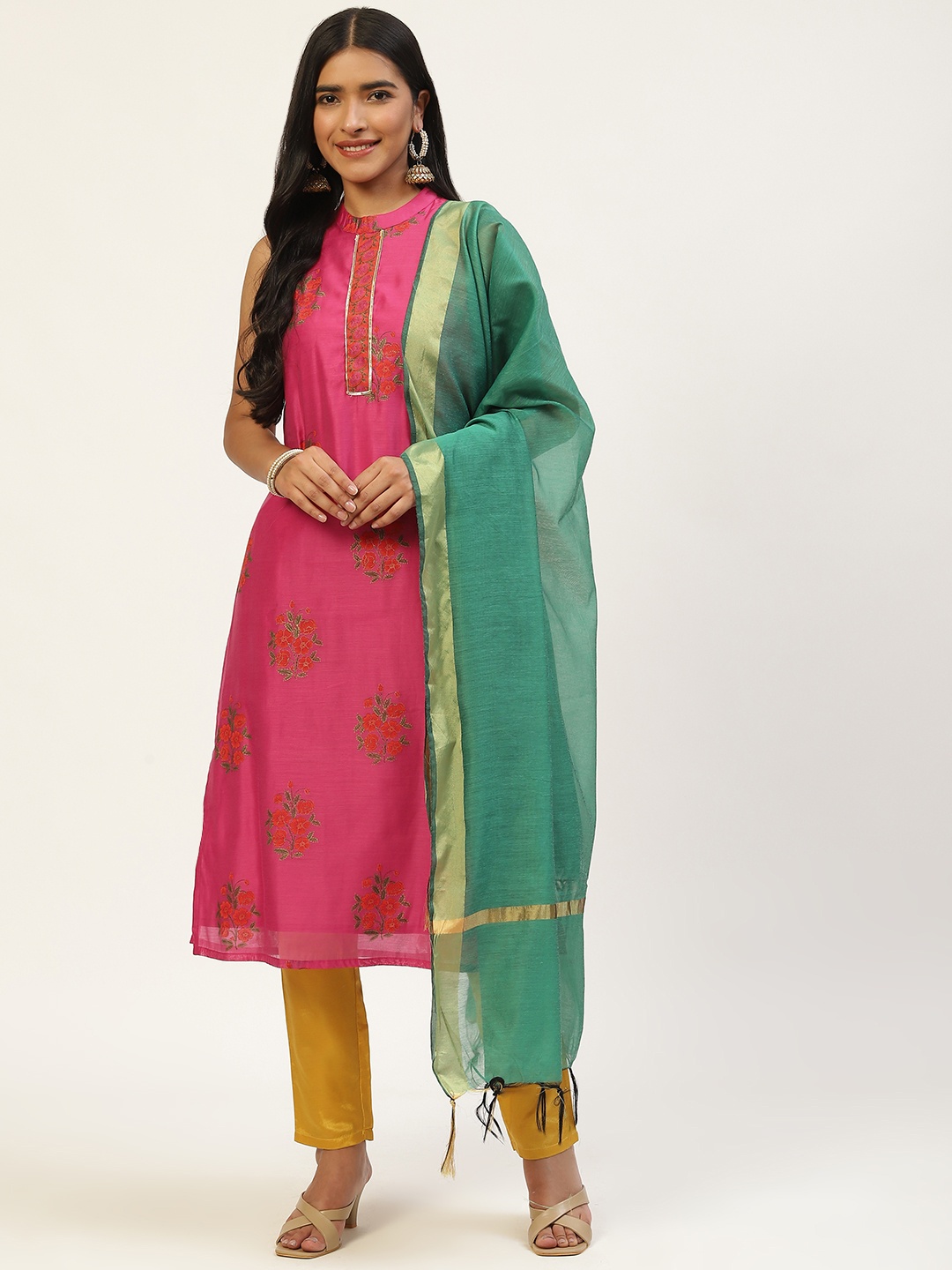 

MISRI Women Pink Floral Printed Kurta with Trousers & With Dupatta