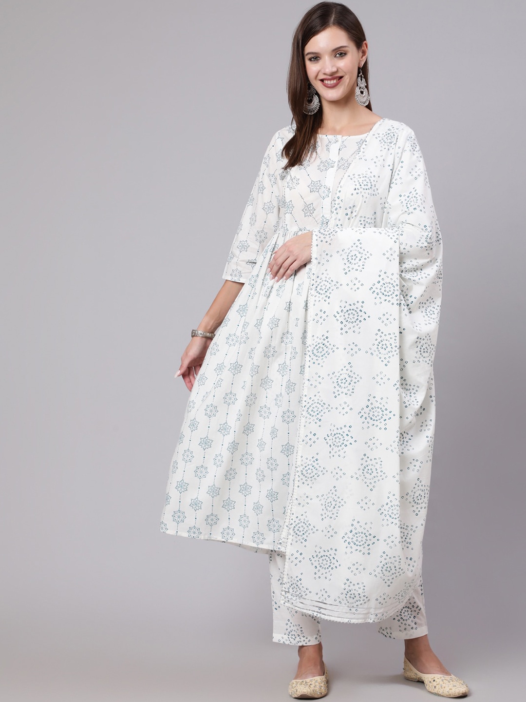 

AASI - HOUSE OF NAYO Women White Printed Cotton Anarkali Kurta with Trouser and Dupatta