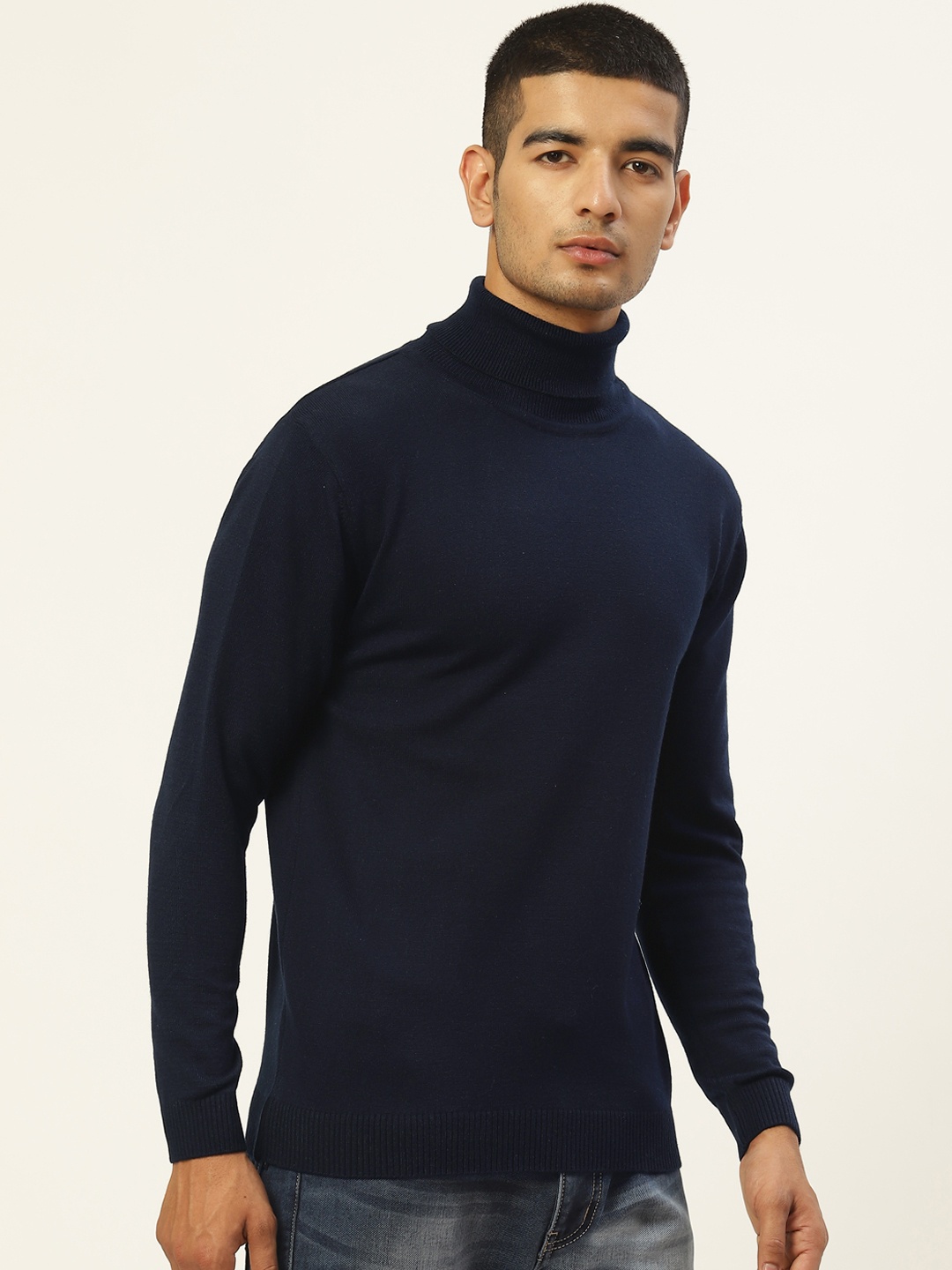 

RVK Men Navy Blue Turtle Neck Solid Pullover