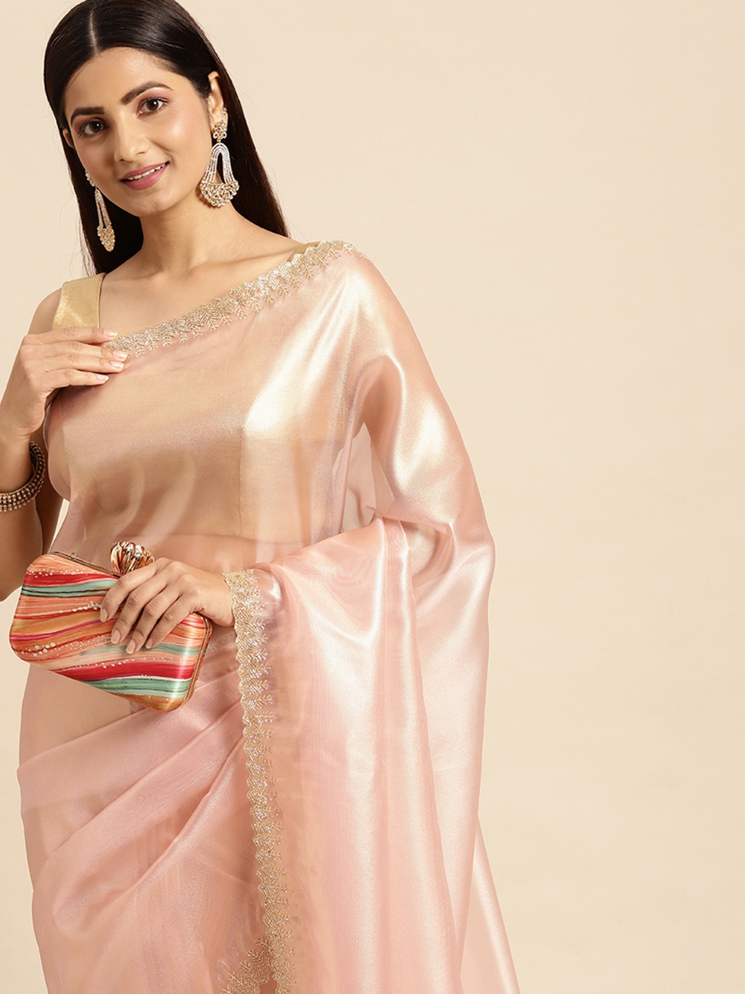 

MOHEY Pink Organza Solid Saree